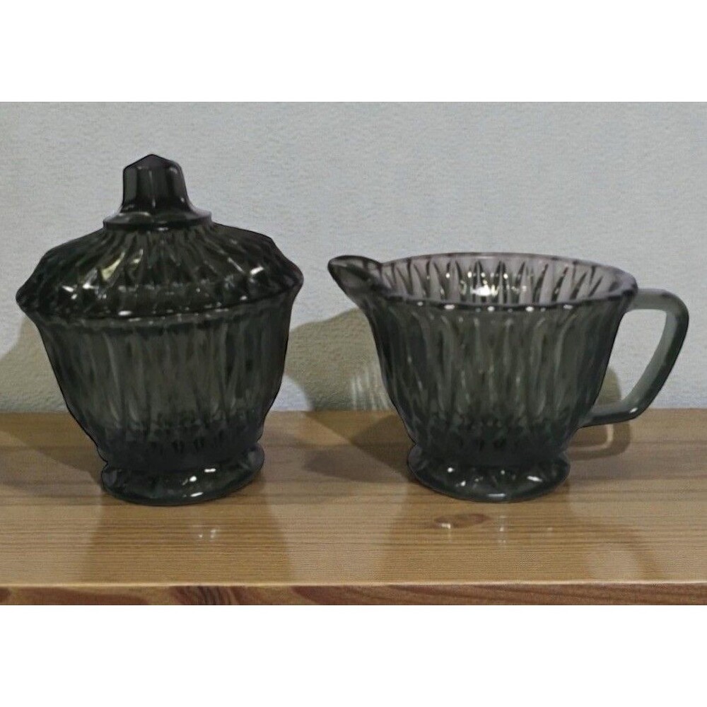 Vintage Libbey Smoke Gray Glass Creamer Sugar Bowl w/ Lid MCM Diamond Set